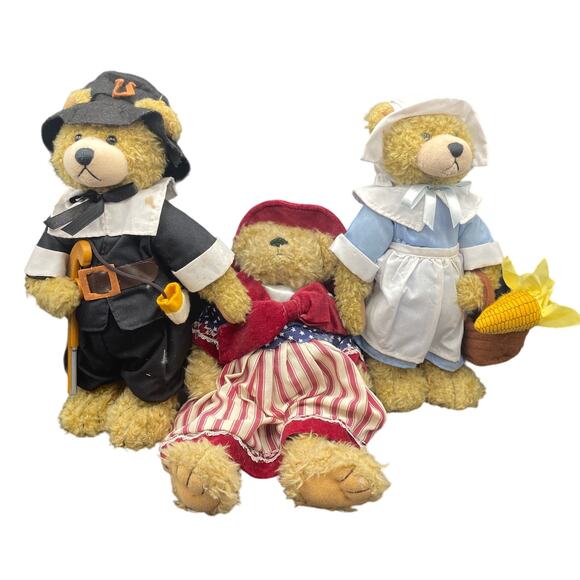 Vtg Terry's Village & Thanksgiving Prudence Lady pilgrim & patriotic Teddy Bear - Picture 1 of 7